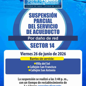 Suspensión parcial del servicio de acueducto del sector 14