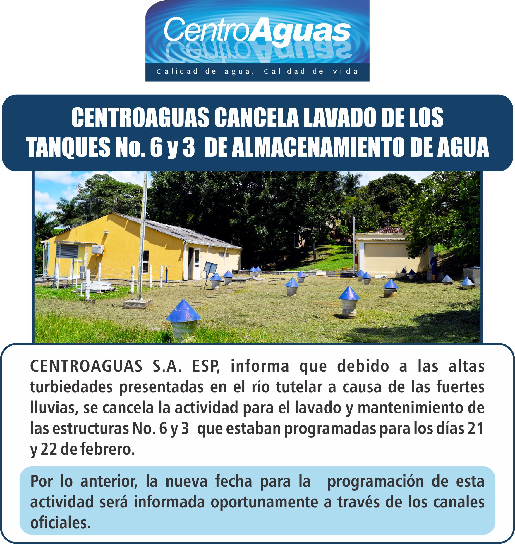 Se cancela lavado de tanques de almacenamiento de agua potable que estaban programados para el 21 y 22 de febrero