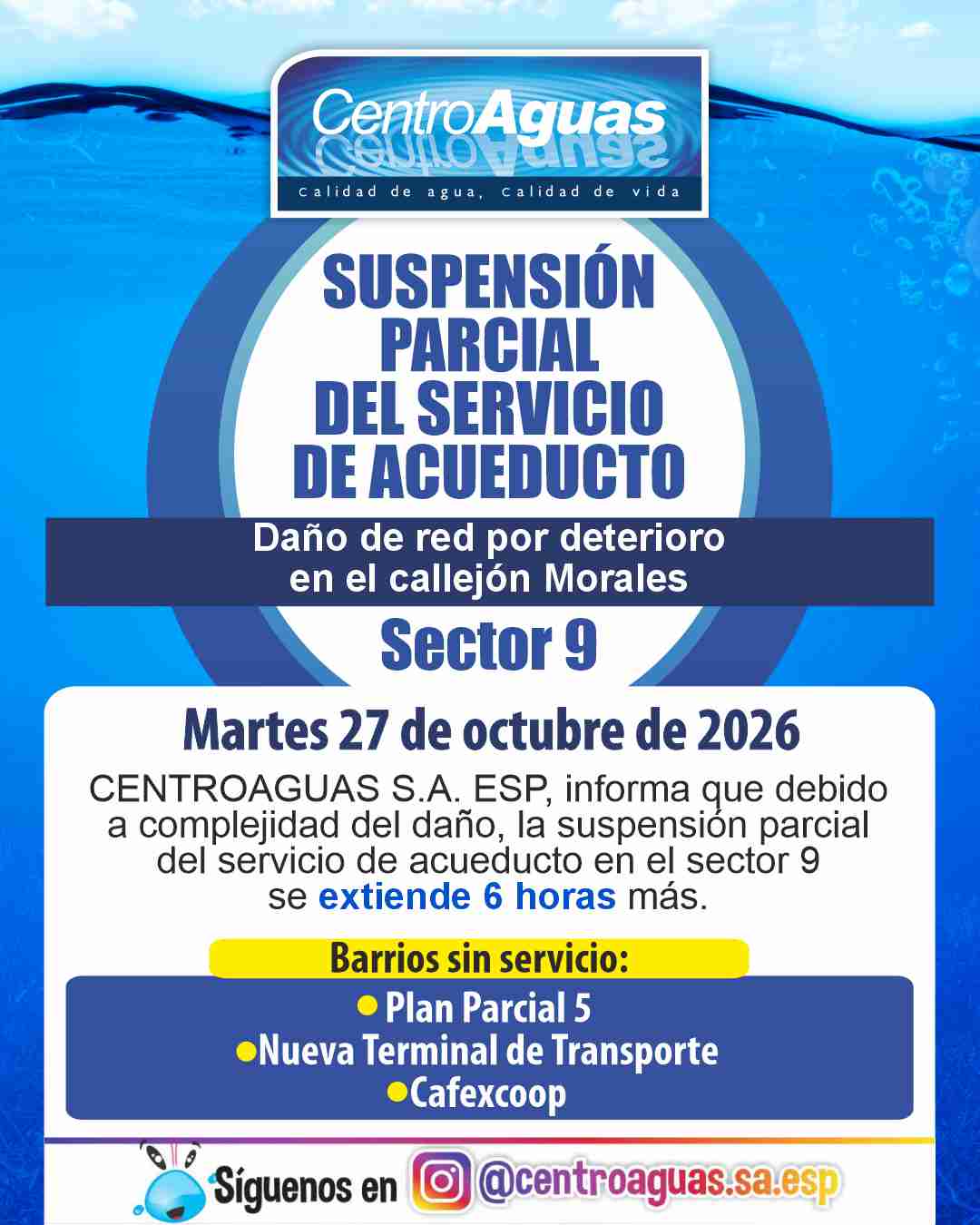 Se extiende suspensión parcial del servicio de acueducto del sector 13