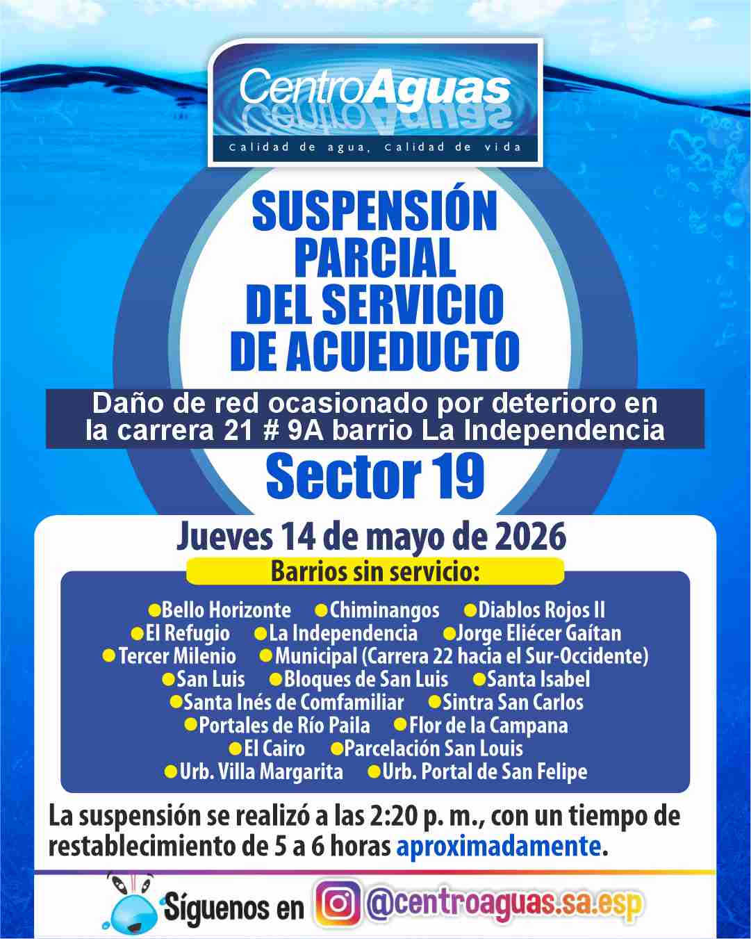 Suspensión parcial del servicio de acueducto del sector 19