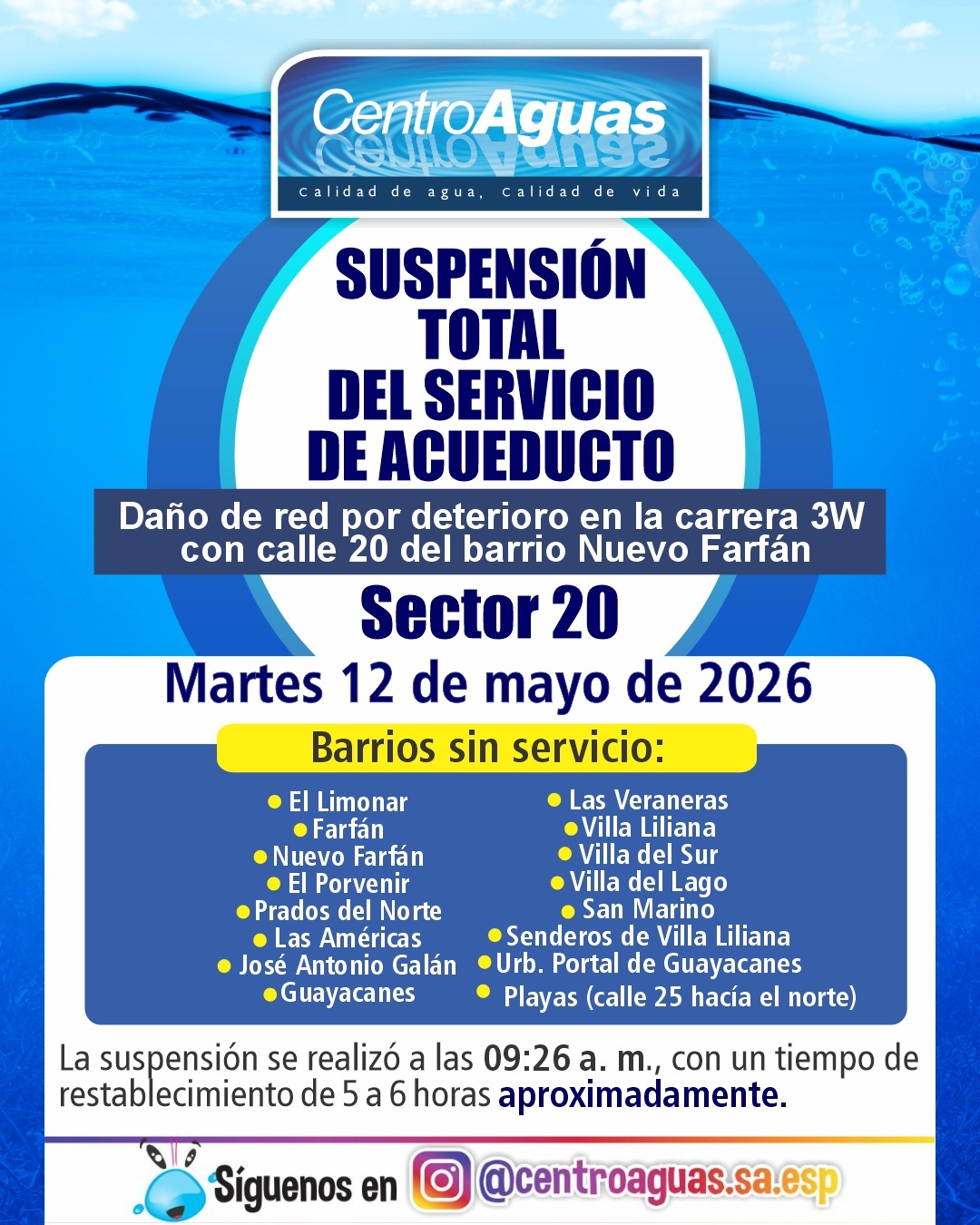 Suspensión total del servicio de acueducto del sector 20