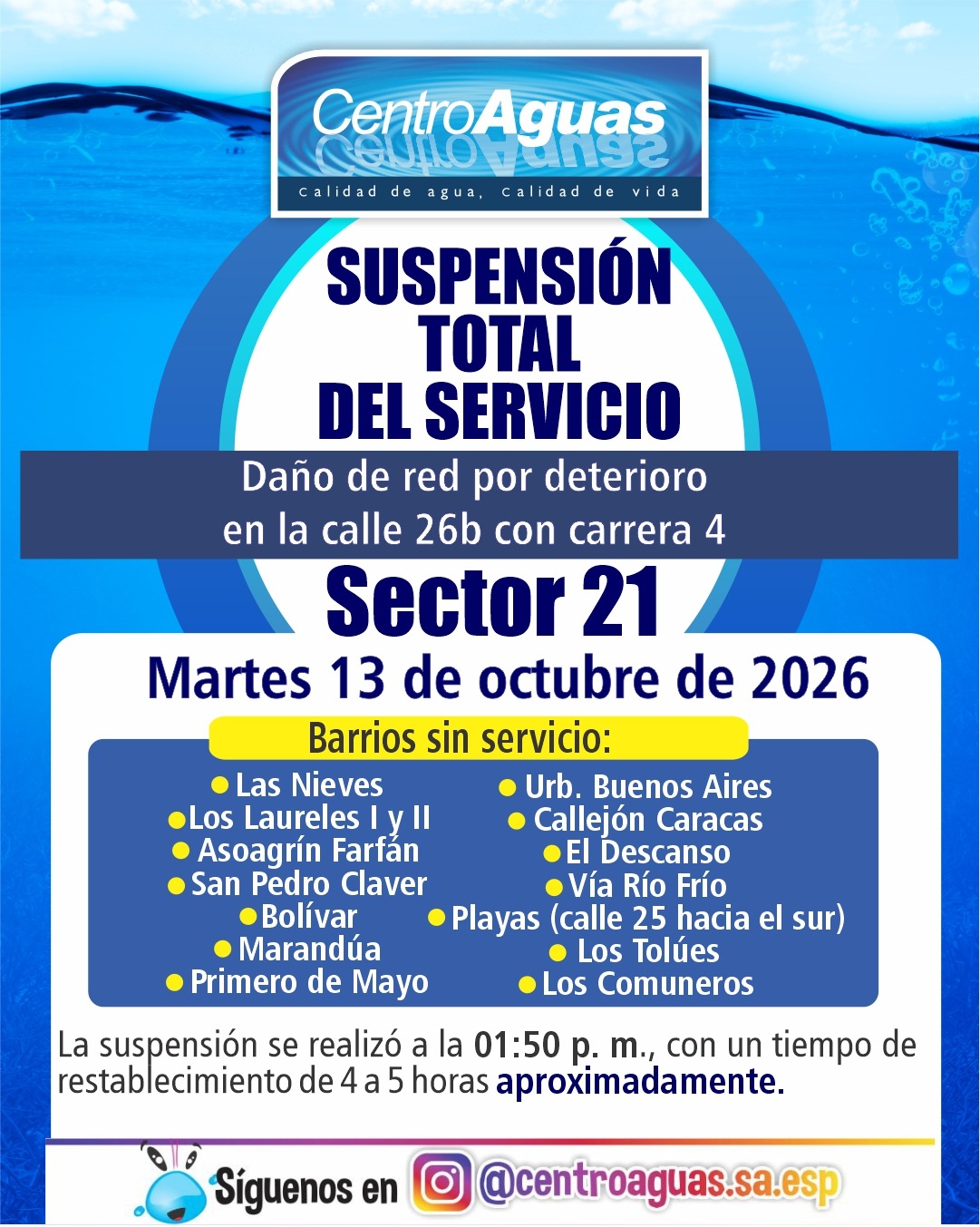 Suspensión total del servicio de acueducto del sector 21 