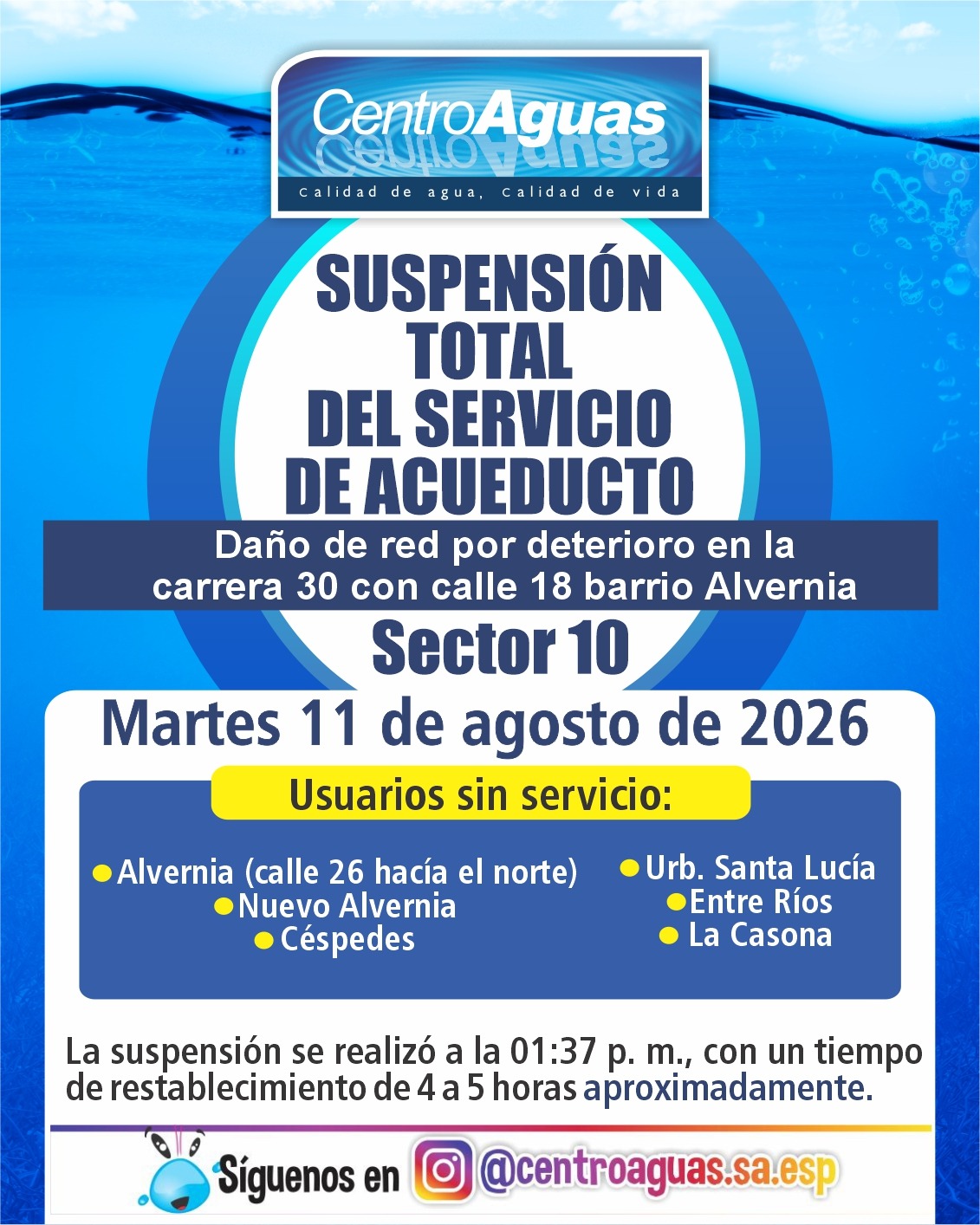 Suspensión total del servicio de acueducto del sector 10