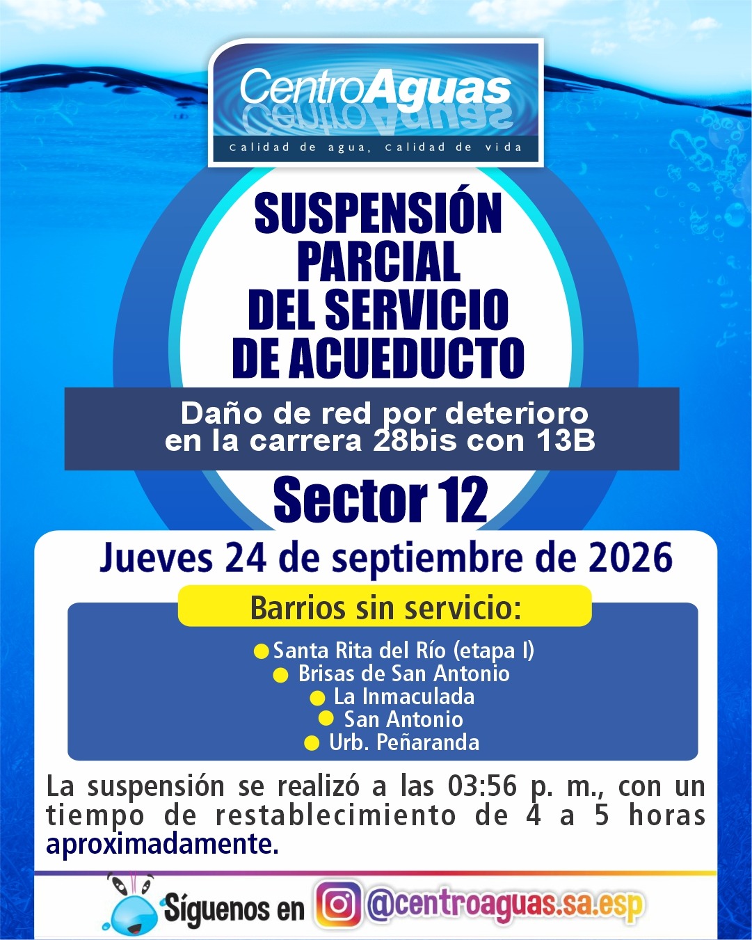 Suspensión parcial del servicio de acueducto en el sector 12 