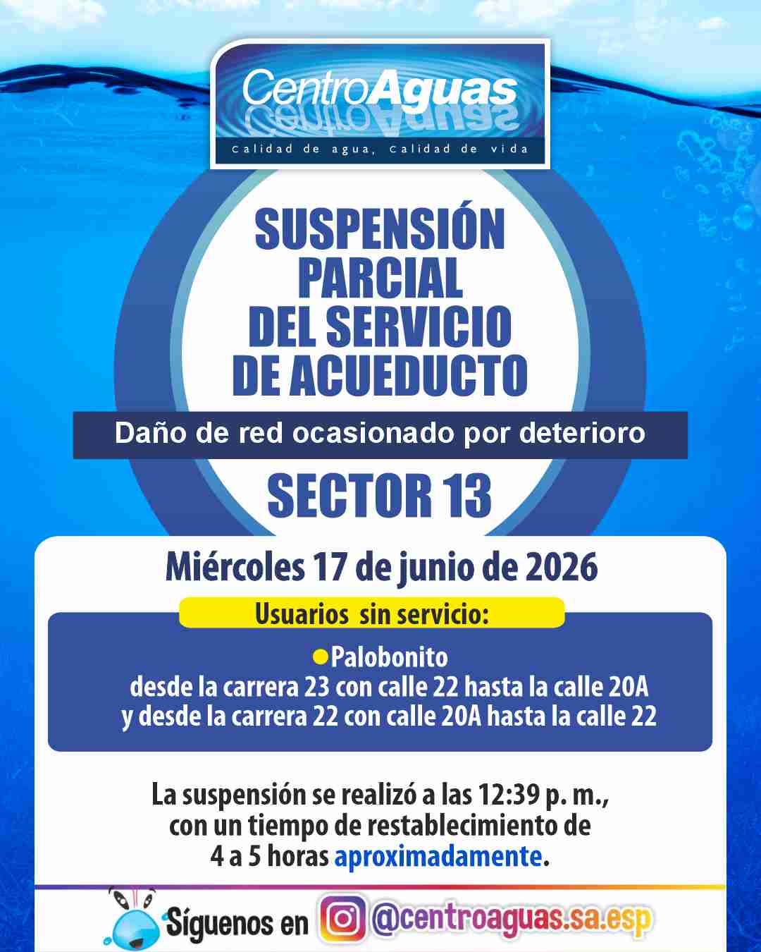 Suspensión parcial del servicio de acueducto del sector 13