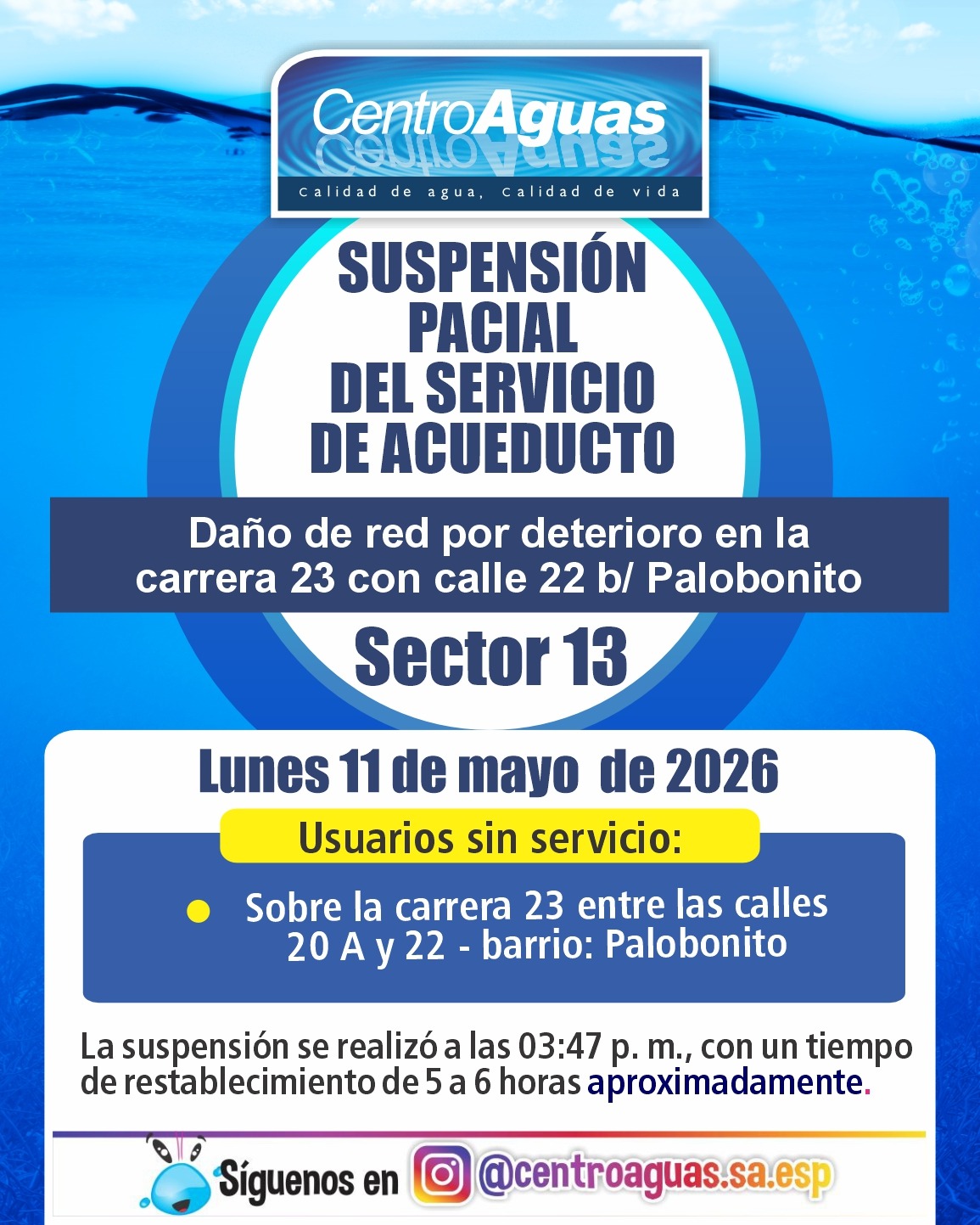Suspensión parcial del servicio de acueducto del sector 13