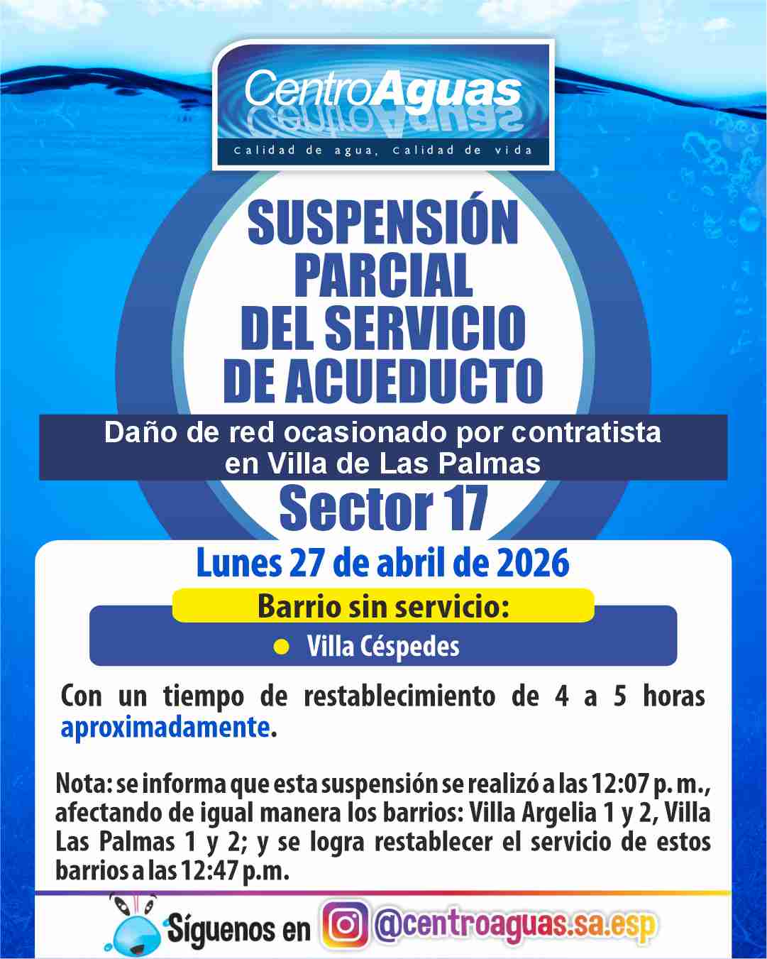 Suspensión parcial del servicio de acueducto del sector 17