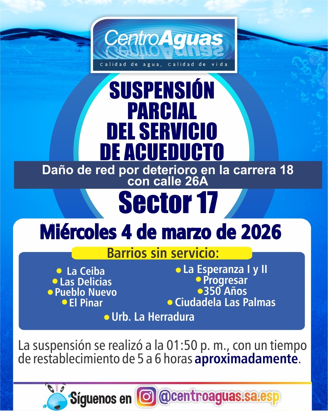 Suspensión parcial del servicio de acueducto del sector 17