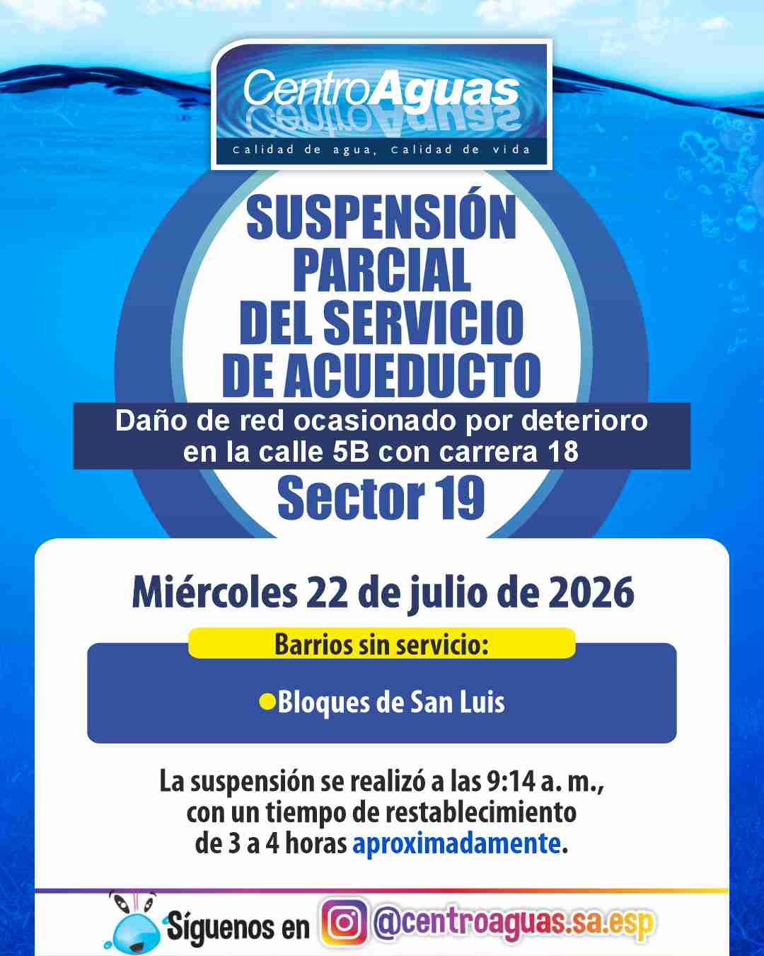 Suspensión parcial del servicio de acueducto del sector 19 