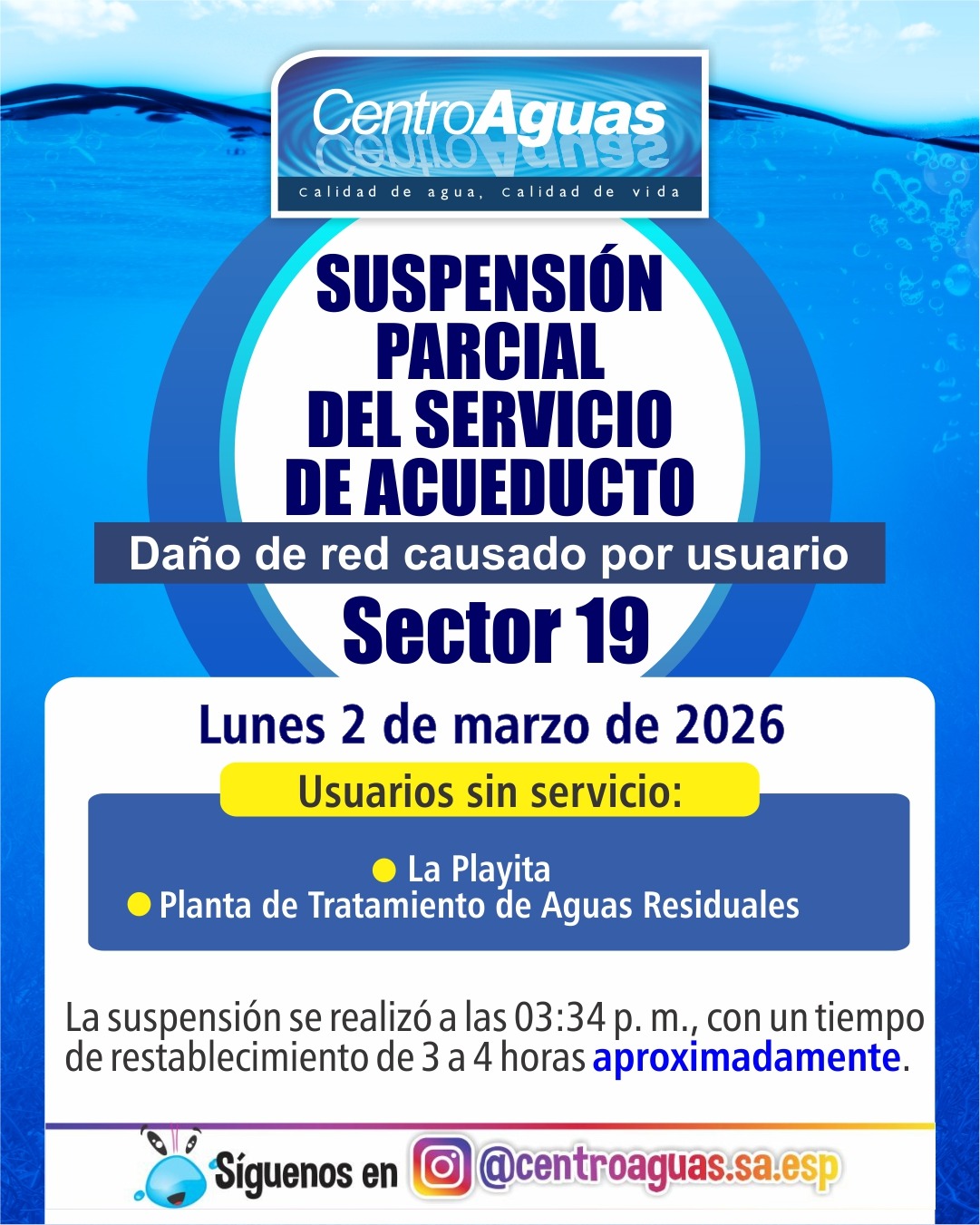 Suspensión parcial del servicio de acueducto del sector 19 