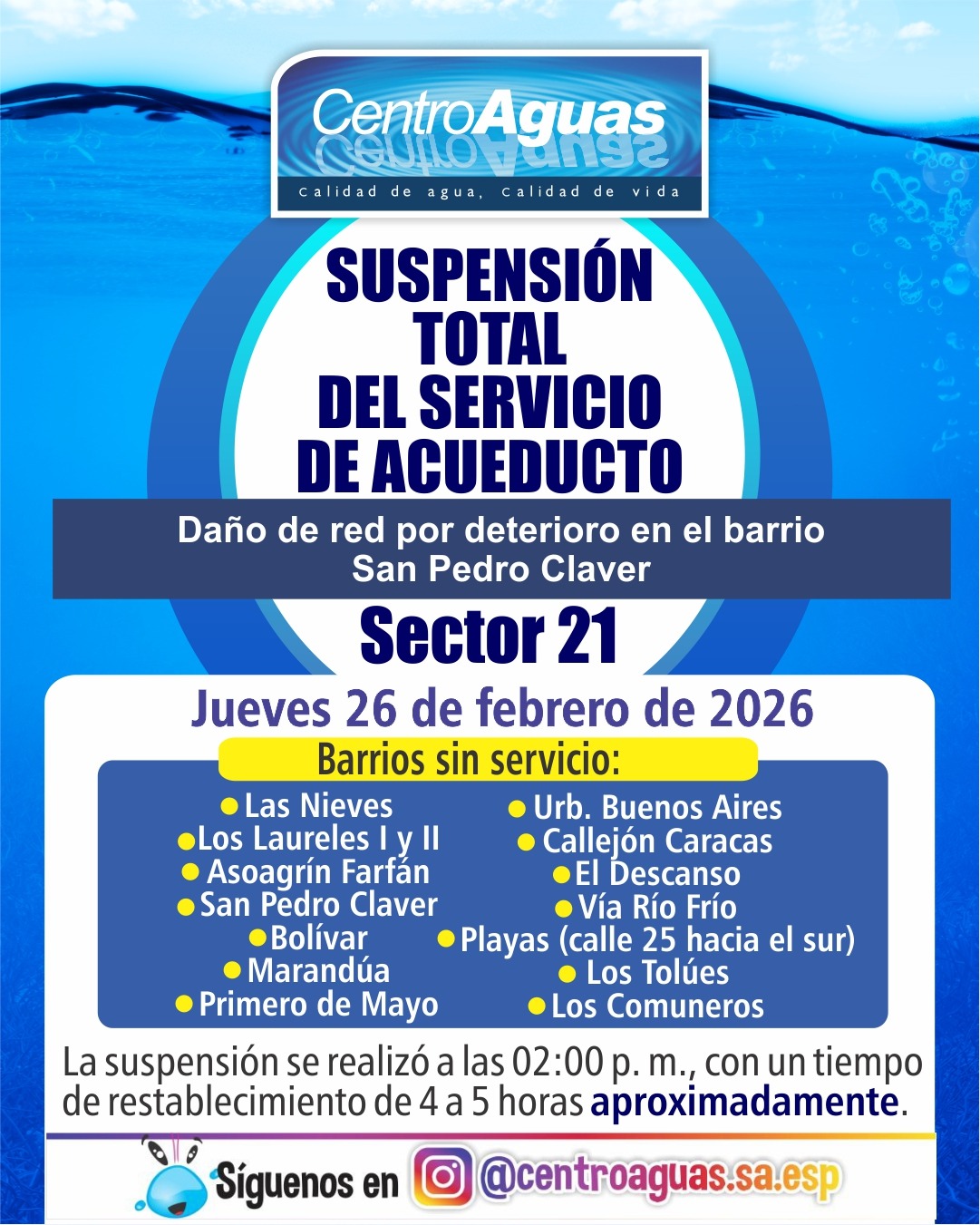 Suspensión total del servicio de acueducto del sector 21