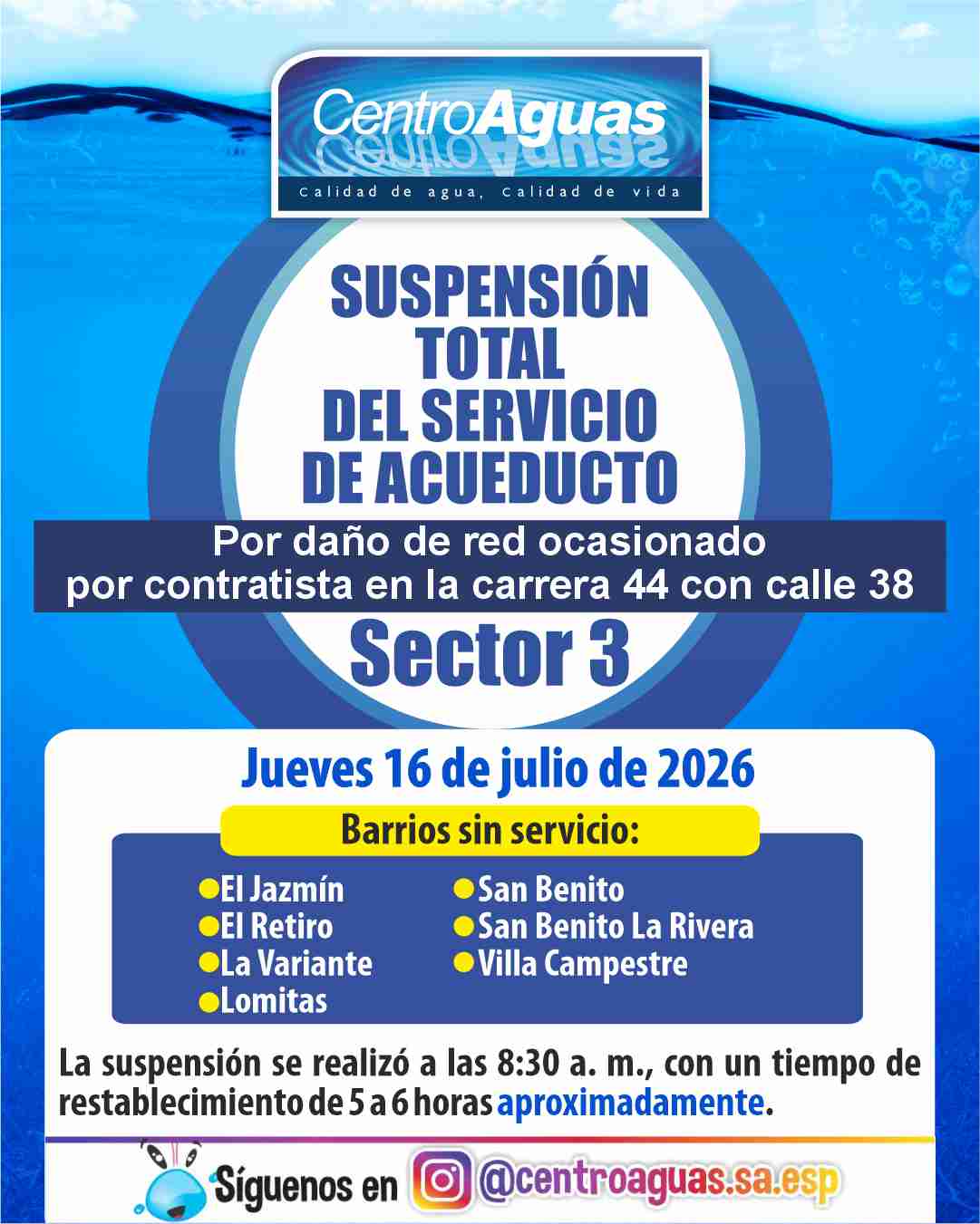 Suspensión total del servicio de acueducto del sector 3