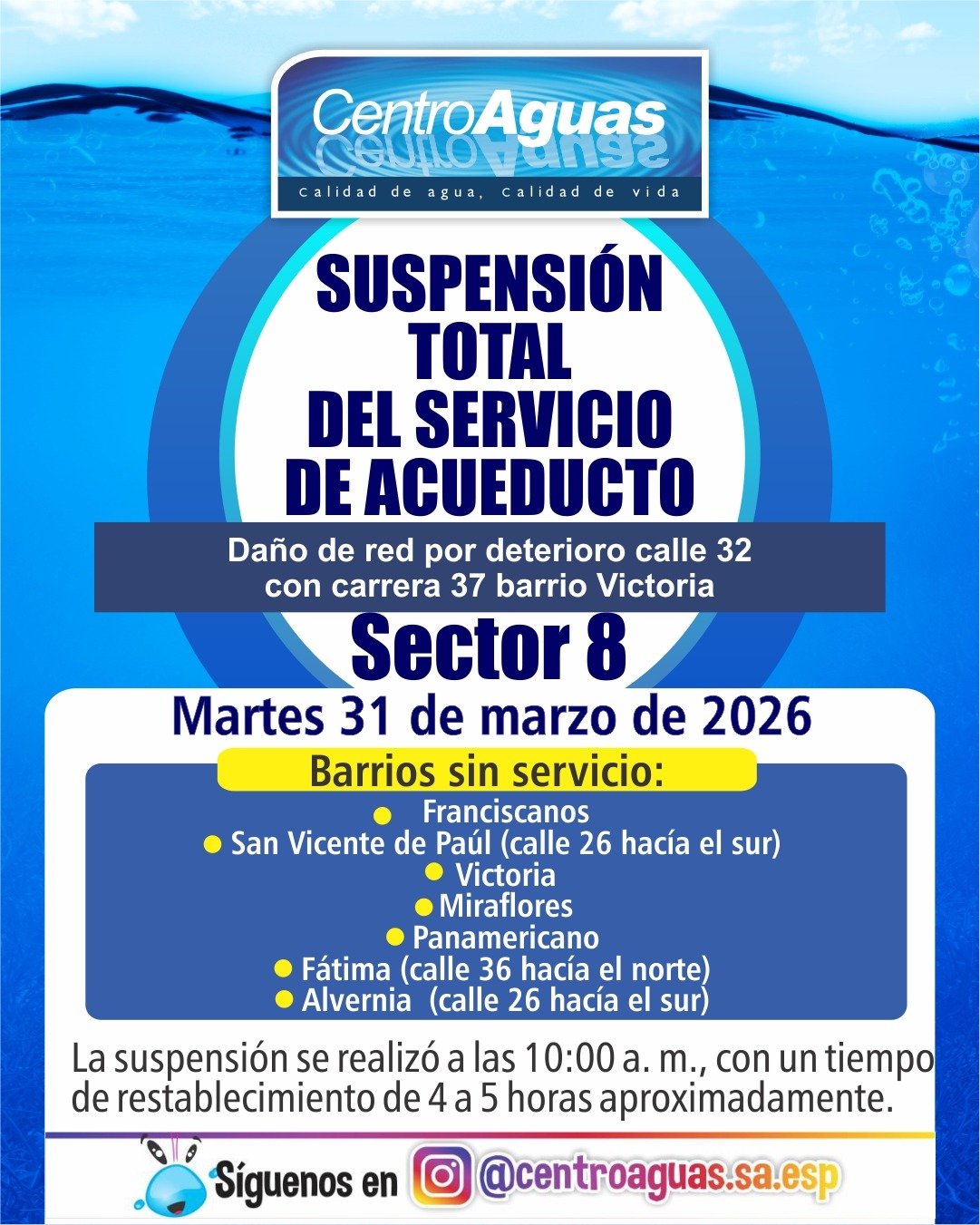 Suspensión total del servicio de acueducto del sector 8
