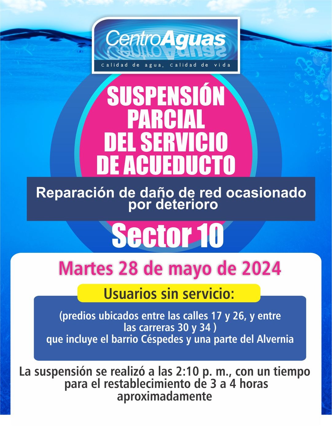 Suspensión parcial del servicio de acueducto del sector 10