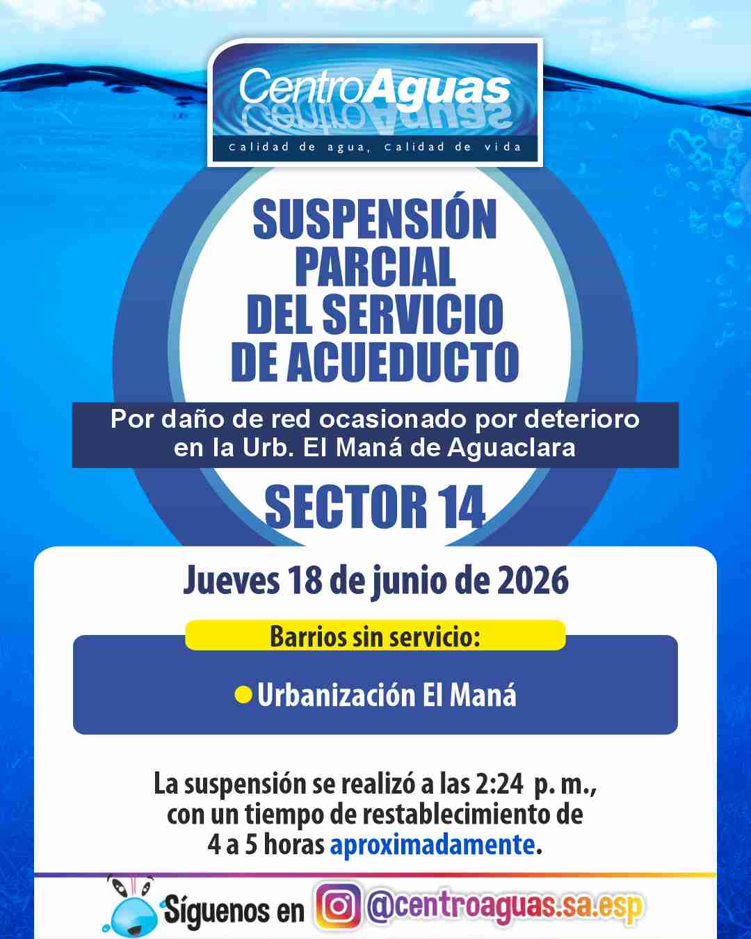 Suspensión parcial del servicio de acueducto del sector 14