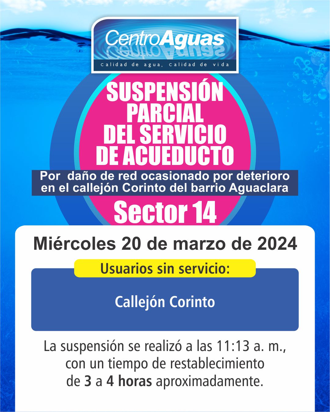 Suspensión parcial del servicio de acueducto en el sector 14