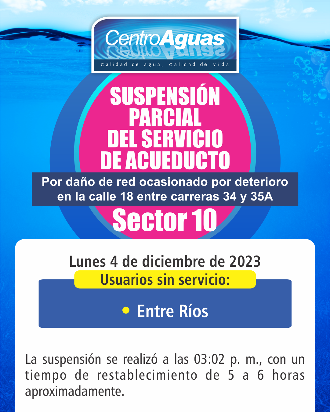 Suspensión parcial del servicio de acueducto del sector 10