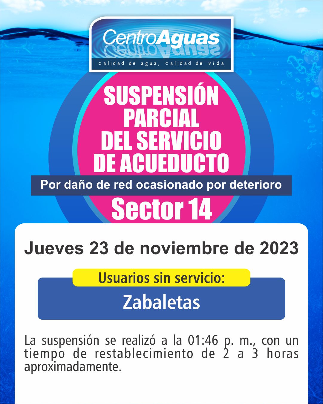 Suspensión parcial del servicio de acueducto del sector 14